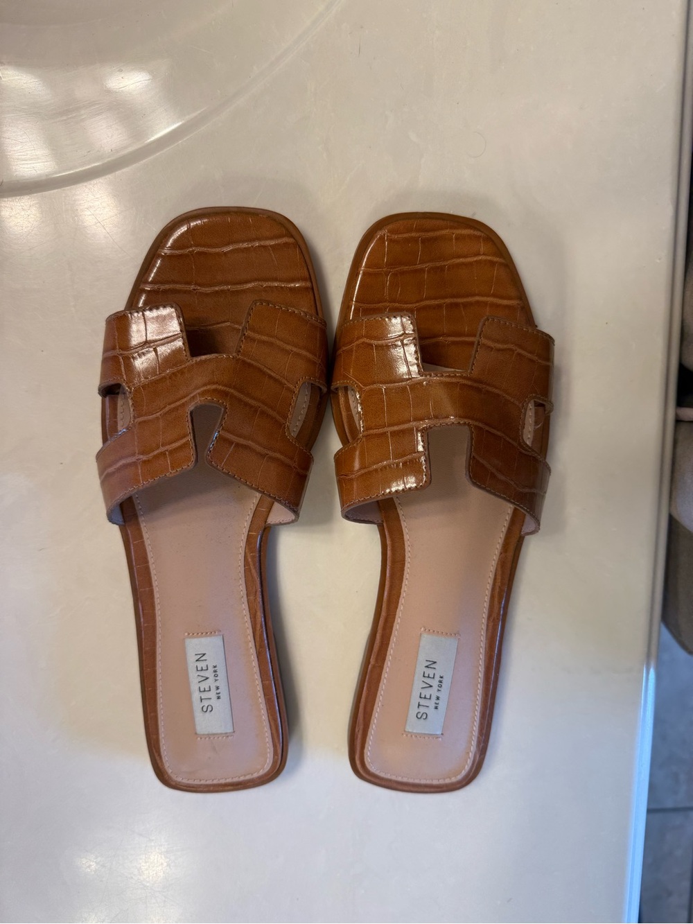 Steven By Steve Madden Tan Brown Croc-Embossed Slide Sandals